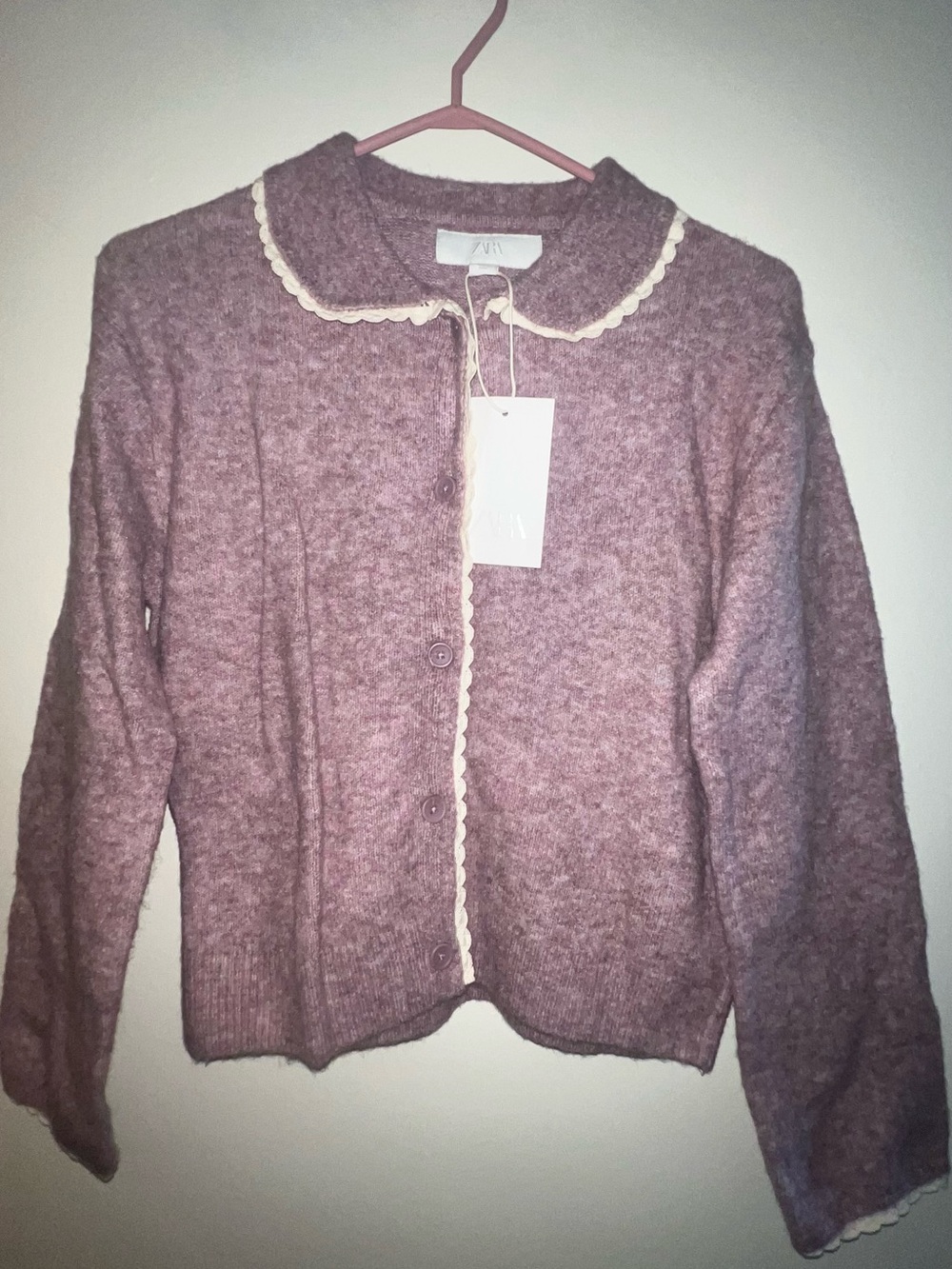 Zara Dusty Mauve Knit Button-Front Cardigan with Cream Scallop Trim